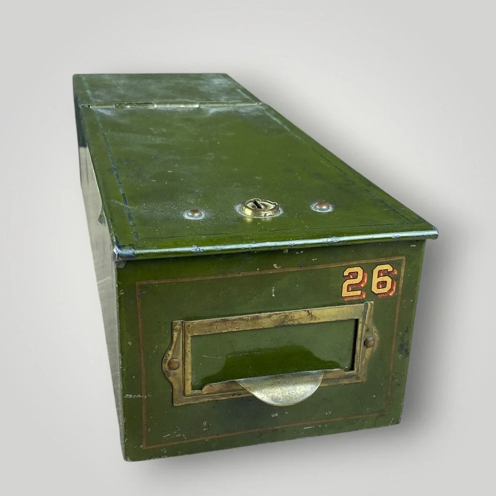 Safety Deposit Box Army Green Baked Enamel Metal 1940s Louis F Dow Co
